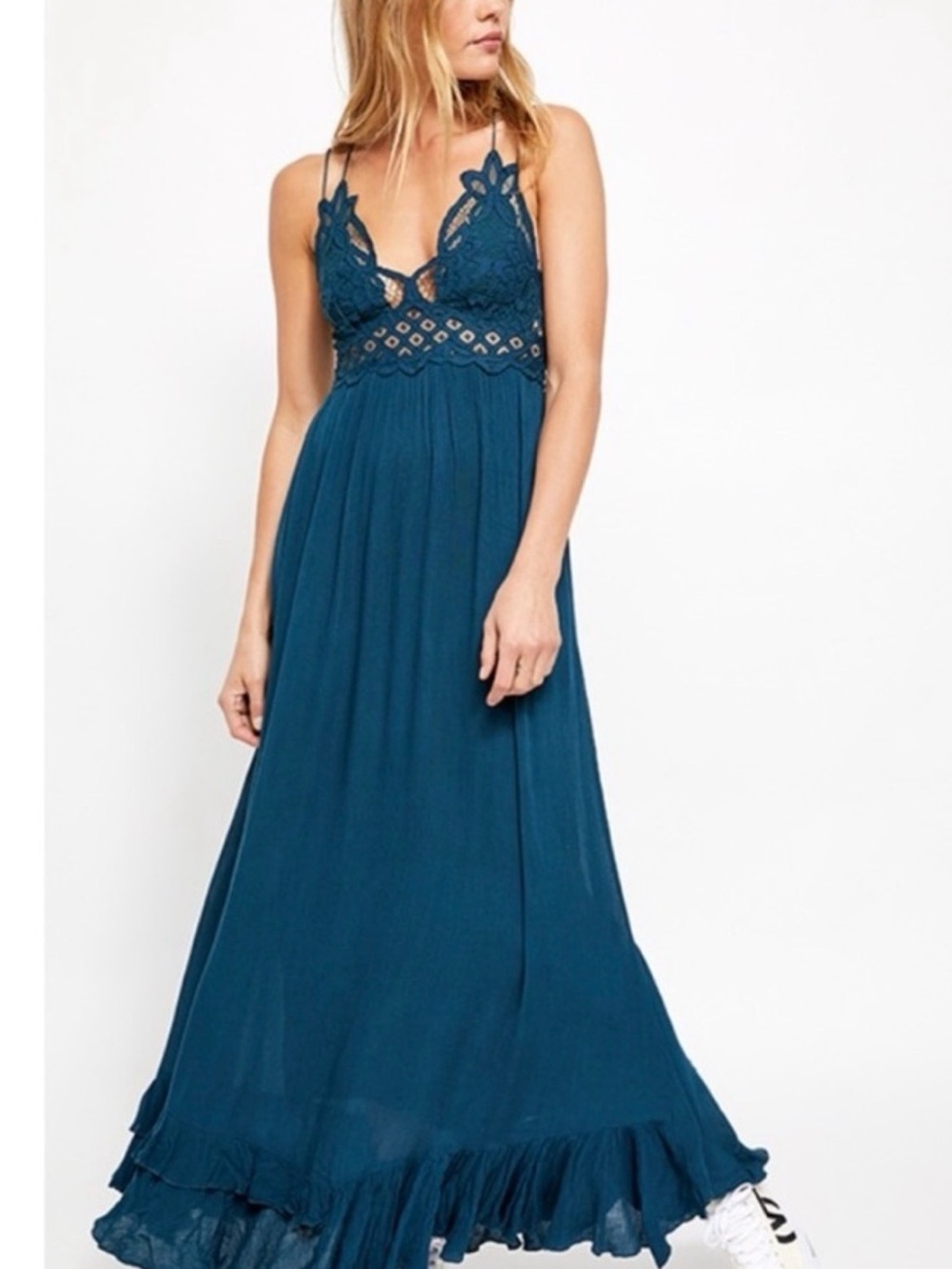 Free People Teal Lace-Trim Maxi Dress